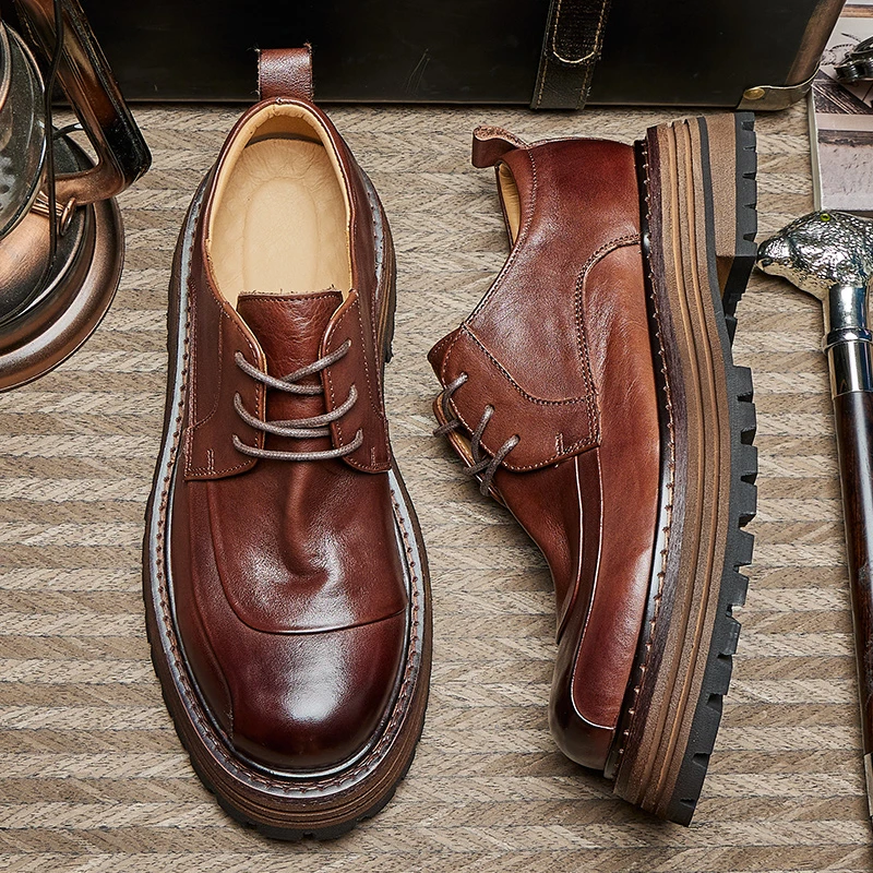 LG7327-3新款2024透气春季真皮男士休闲皮鞋厚底夏季潮百搭系带