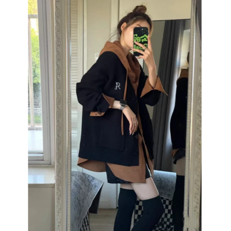 春新款枫叶色连帽衬衣+刺绣针织衫毛衣时尚叠穿宽松两件套女春秋