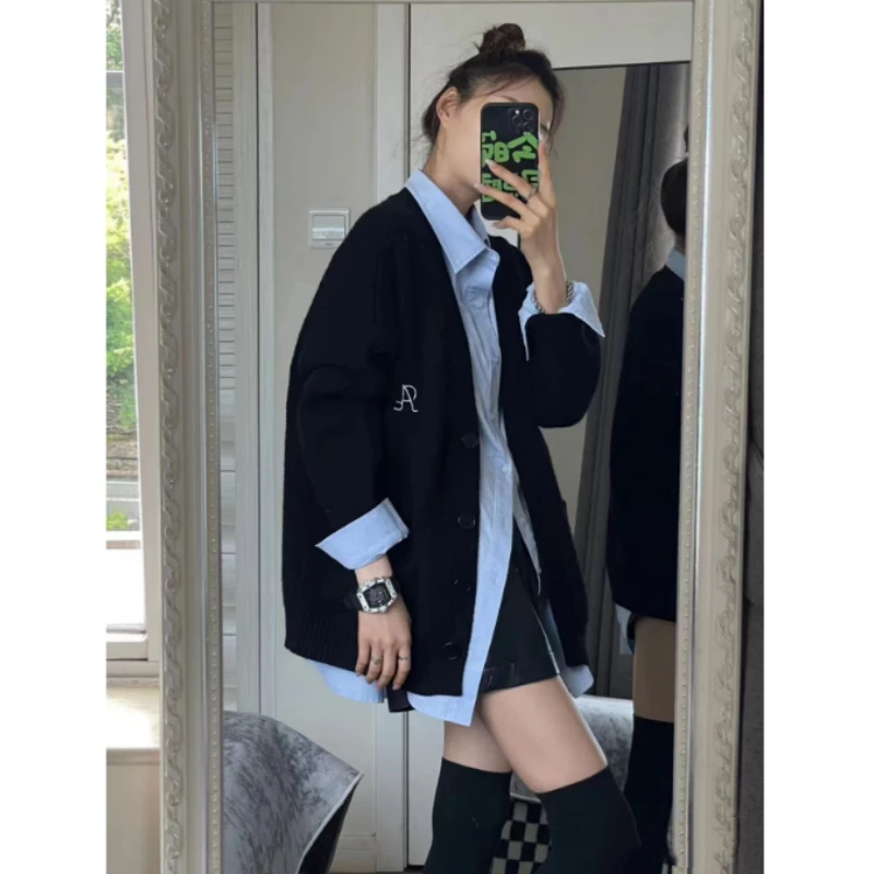 秋冬新款设计感针织衫黑色毛衣+酒红衬衣时尚ins叠穿两件套春秋装