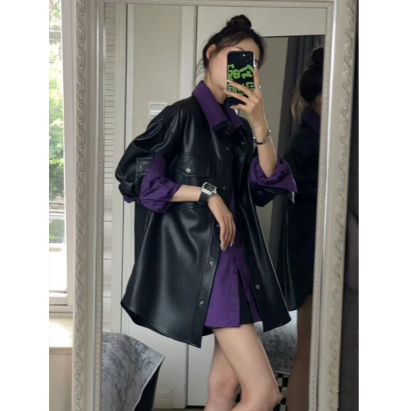 炫酷黑pu皮衣外套+紫色衬衣春秋新款宽松休闲韩版叠穿两件套ins女