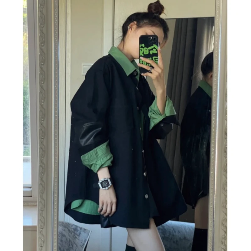 高级感穿搭春秋新款黑色外套+绿色衬衣两件套女装叠穿休闲百搭