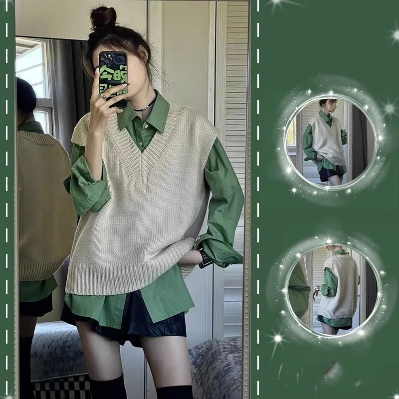 两件套装韩版百搭叠穿针织衫毛衣马甲背心女学生+长袖Polo领衬衣