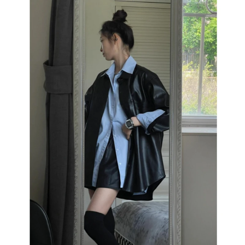 秋季新款PU皮黑色皮衣外套+蓝衬衣春秋叠穿时尚两件套女
