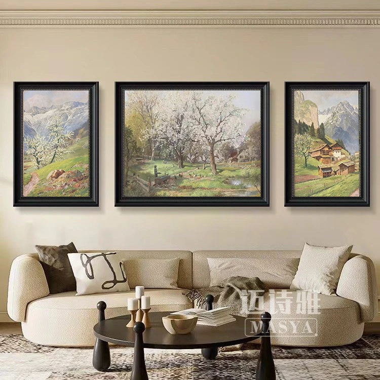 01美式客厅装饰画沙发背景墙挂画山水三联画大气复古欧式风景油画