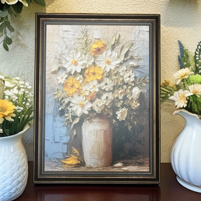 063美式复古现代手工肌理油画客厅餐厅卧室挂画花瓶花装饰画花卉