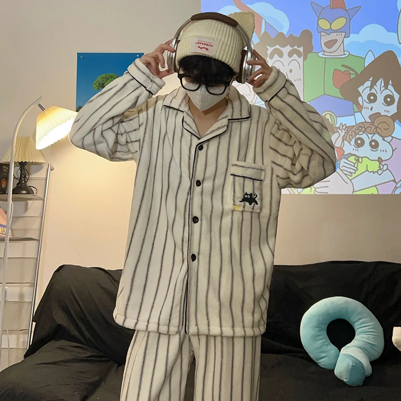 秋冬季条纹黑猫简约睡衣男珊瑚绒法兰绒加厚保暖法兰绒家居服套装