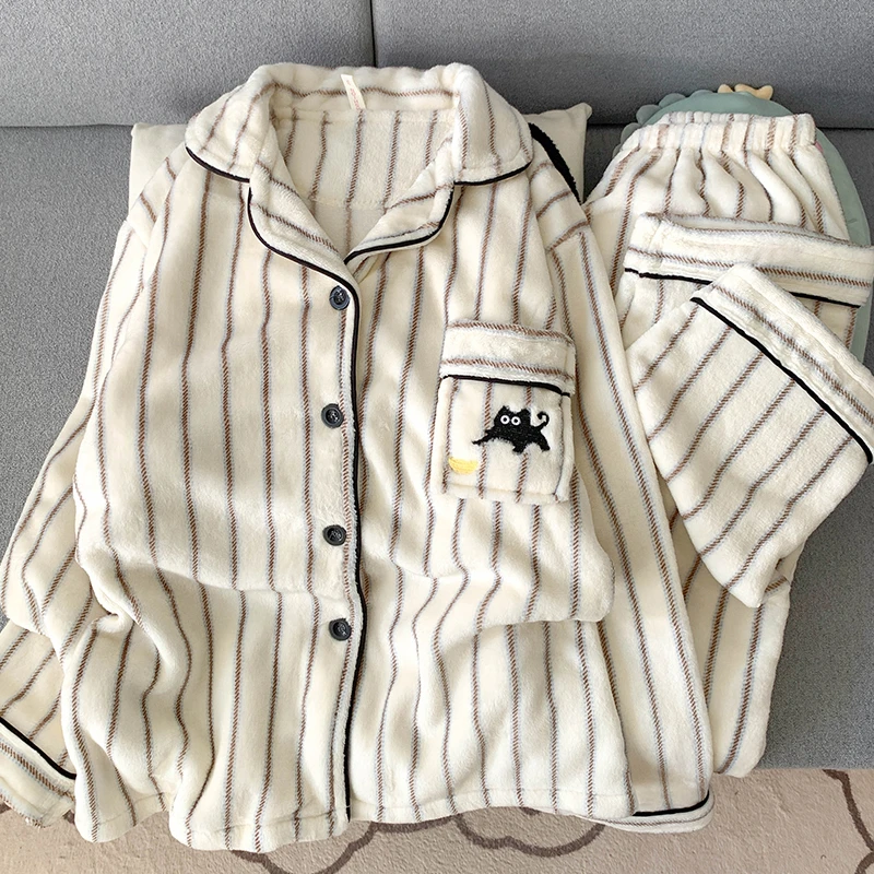 条纹睡衣小黑猫卡通刺绣保暖两件套长袖家居服秋冬法兰绒加厚男士