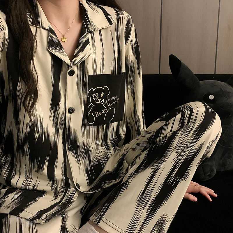 韩版水墨条纹睡衣女生卡通小熊长袖长裤两件套装春秋季薄款家居服