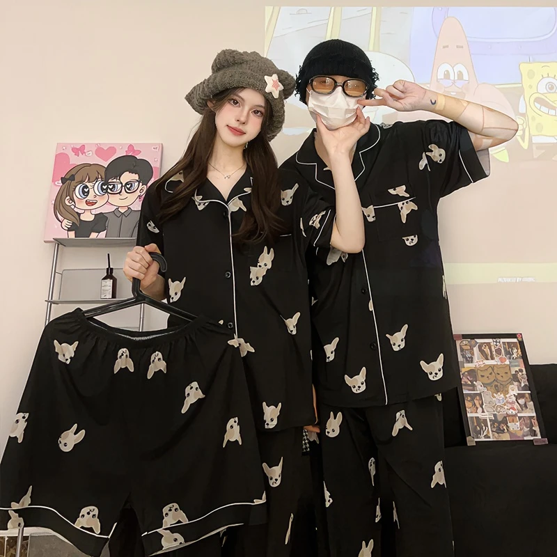 小奶狗黑色高级感情侣睡衣女夏季卡通短袖男士家居服三件套装情侣