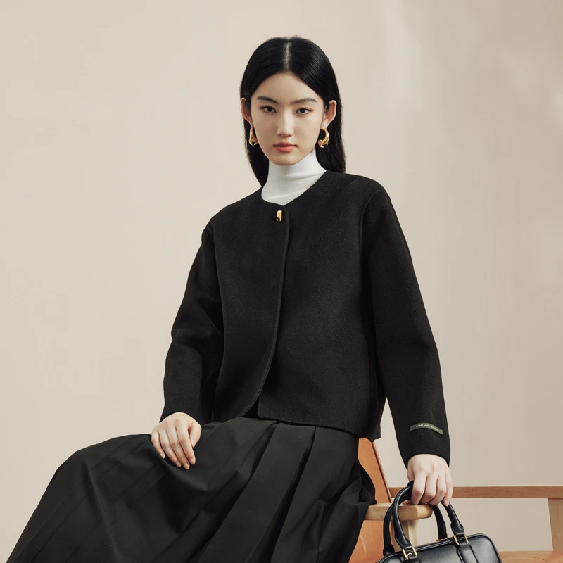 LIME/莱茵【浪漫巴黎】不规则金属扣双面呢大衣夜幕黑LDFD8BHHC801