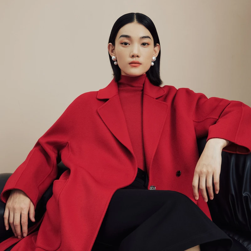 LIME/莱茵商场同款山羊绒气质双面呢长大衣大红色LMFD9AHLC004