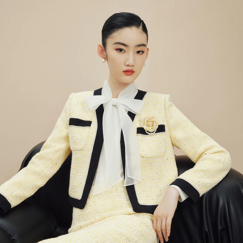 LIME/莱茵【浪漫巴黎】秋季韩系气质粗花呢上衣浅黄色LDFD8BCCJ302