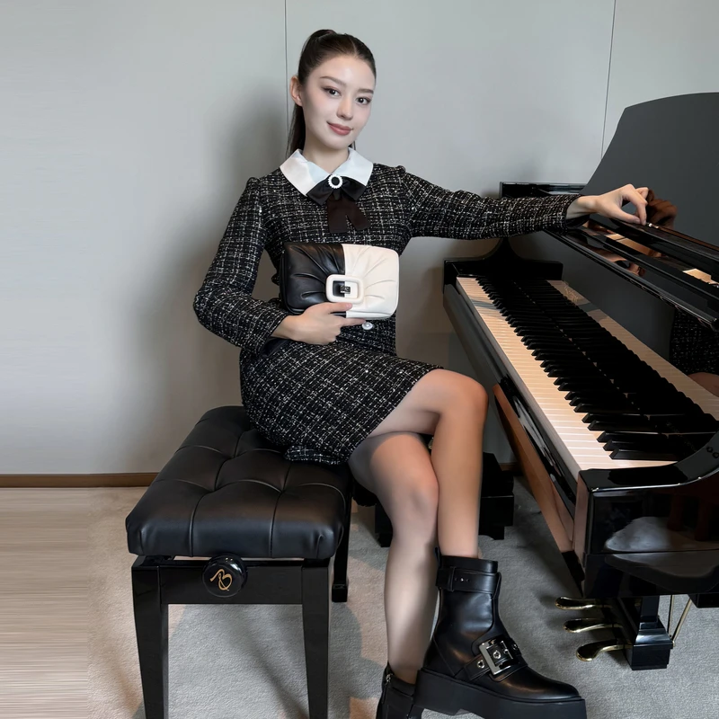 【丽公主专属】【自在从绒】肌理香风粗花呢连衣裙黑色LDFD9ACOP801