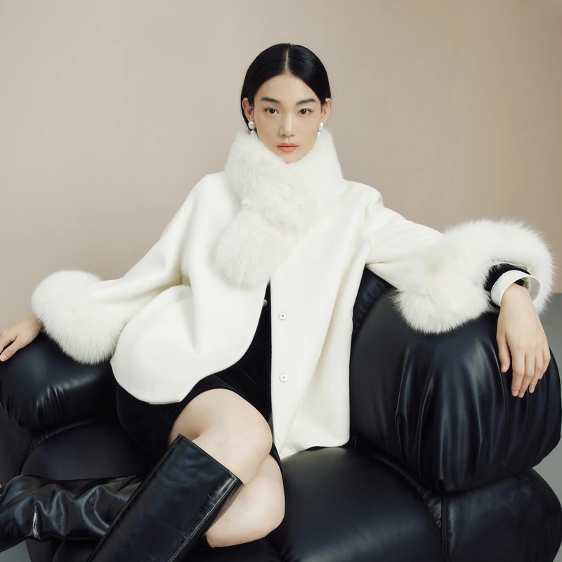 LIME/莱茵【优雅新序】冬季简约高雅双面呢大衣本白色LMFD9AHHC004