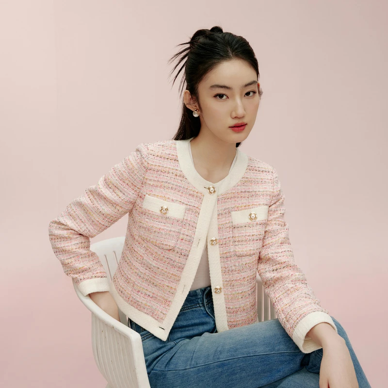 LIME/莱茵【优雅新译】早春玫瑰花呢香风短衣粉橙色LDGANBCCJ802