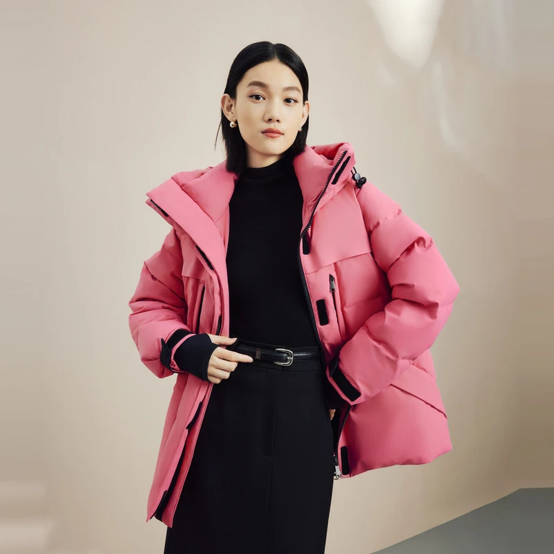 LIME/莱茵冬季商场同款保暖鹅绒羽绒服短大衣粉色LMFDOAOHC005