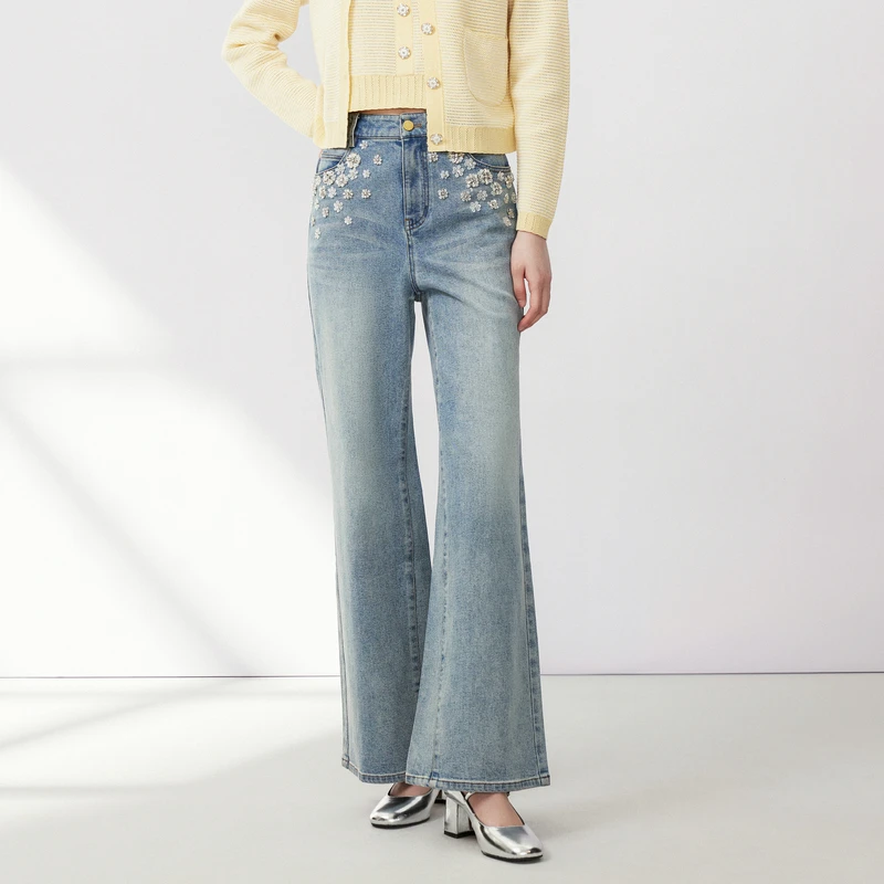 LIME/莱茵【都市游园】秋季高腰钉珠牛仔裤雾霾蓝色LMFC7ADPTW01