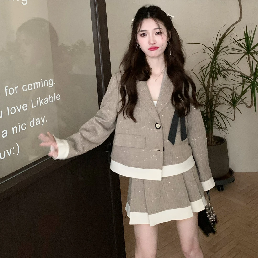 KKXIN【巴黎庄园套装】法式设计宽松休闲西装外套百褶半身裙两件套