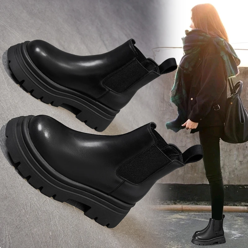 5.5CM真皮马丁靴女2025秋冬新款厚底英伦风加绒黑色切尔西短筒靴