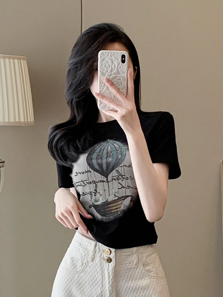 韩版卡通热气球动物字母印花短袖T恤女夏季修身圆领 百搭显瘦