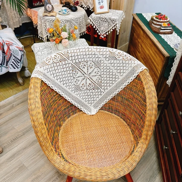 80*80cm四叶草床头盖巾美式钩针蕾丝圆桌布田园编织流苏防尘