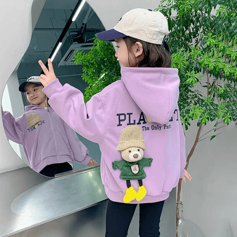 女童春秋款外套2025新款儿童时尚网红洋气中大童立体小熊连帽外套