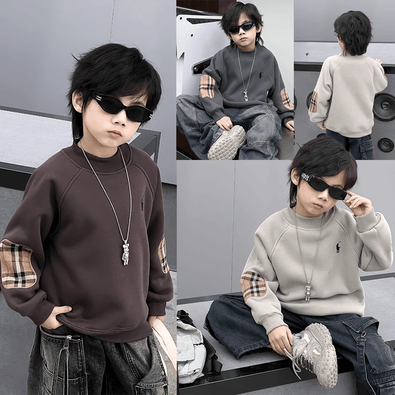【加绒加厚】男童一体绒卫衣擦肩袖儿童2024冬季新款圆领中大童潮酷
