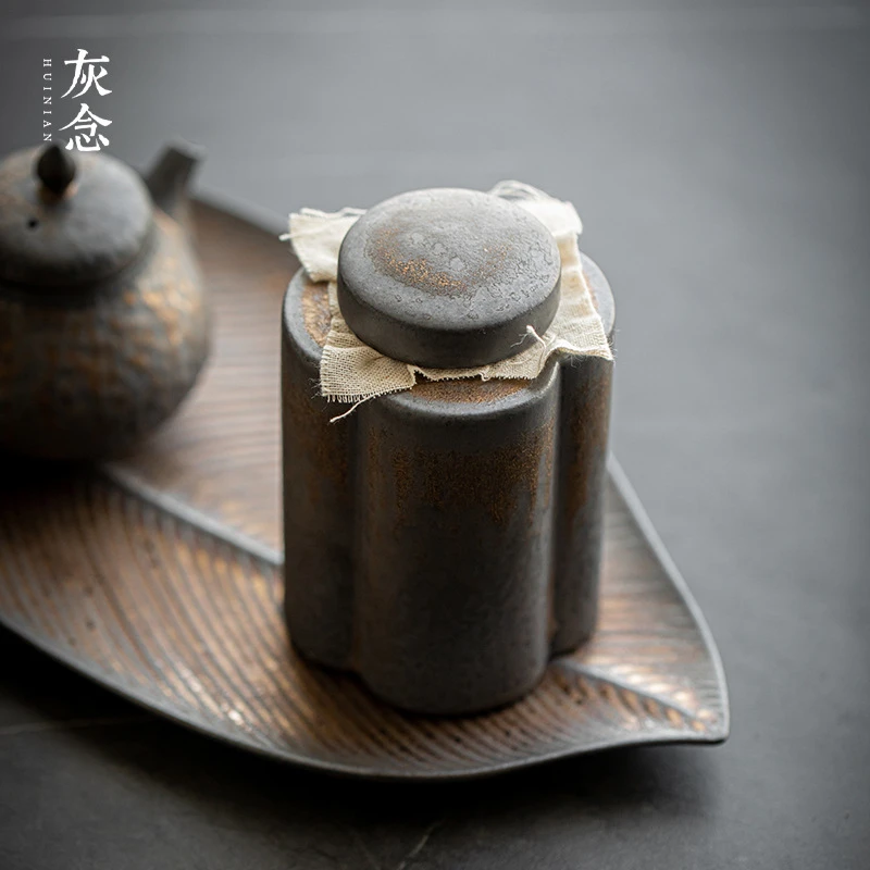 HUINIAN/灰念如花茶叶罐原矿粗陶家用便携陶瓷罐小茶罐防潮密封罐