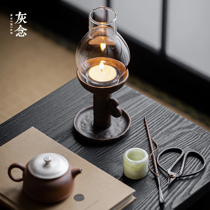 灰念酱釉老岩泥仿古烛台禅意茶道茶桌装饰摆件日式家用粗陶蜡烛台