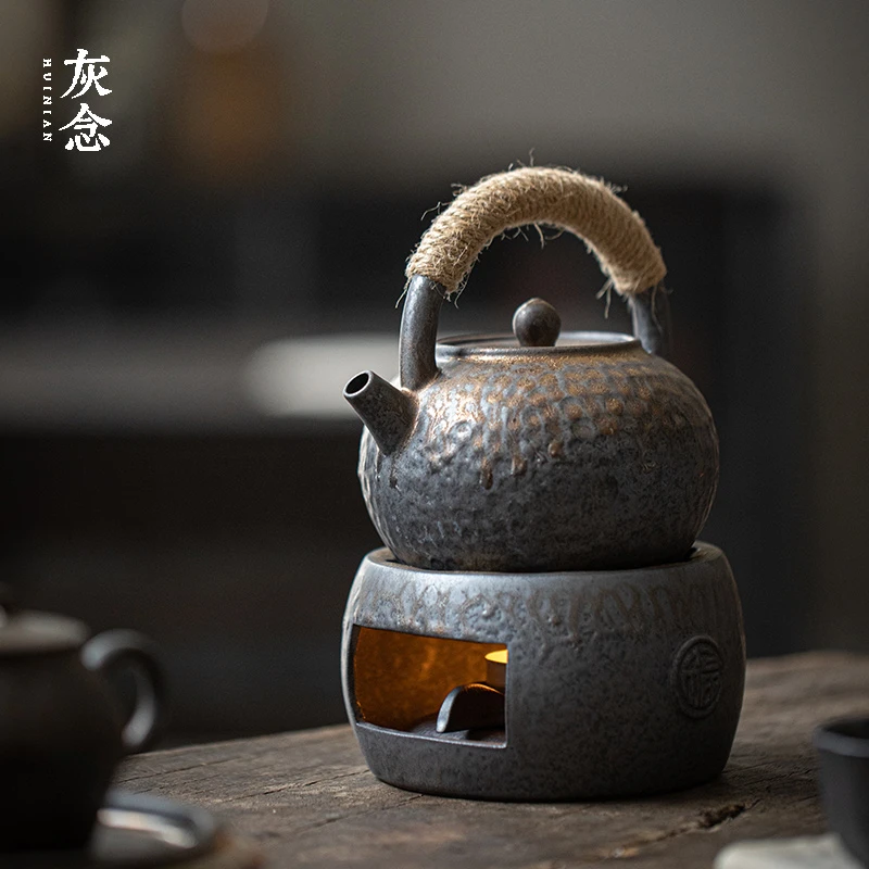 灰念粗陶煮茶壶保温煮茶壶家用复古蜡烛温茶炉套装户外陶瓷煮茶器