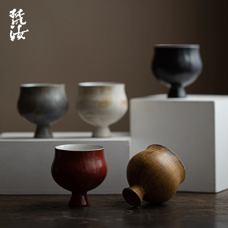 梵汝粗陶茶杯茶盏复古柴烧品茗杯茶碗个人专用品茗杯大漆红主人杯