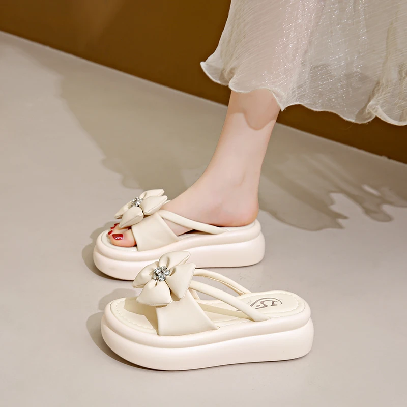 33码小脚女生6cm增高凉拖鞋女ins外穿时尚蝴蝶结仙女风厚底一字拖