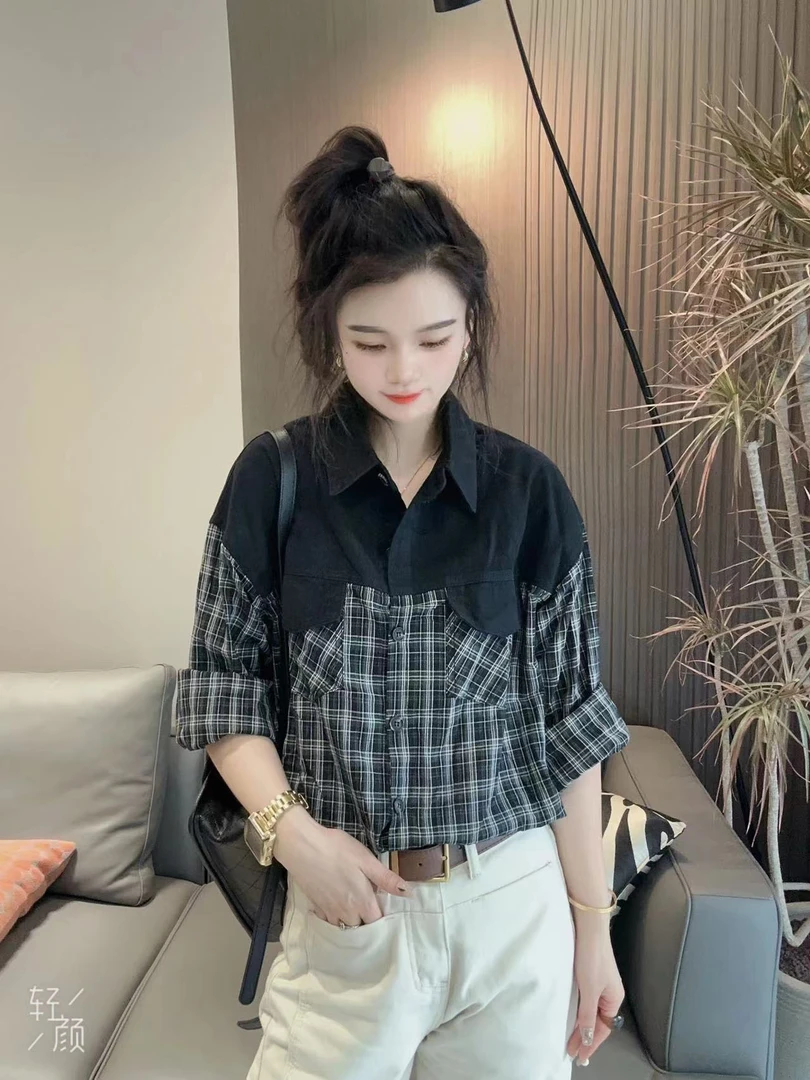 秋季新款欧货牛仔拼接衬衫女款上衣8602时尚