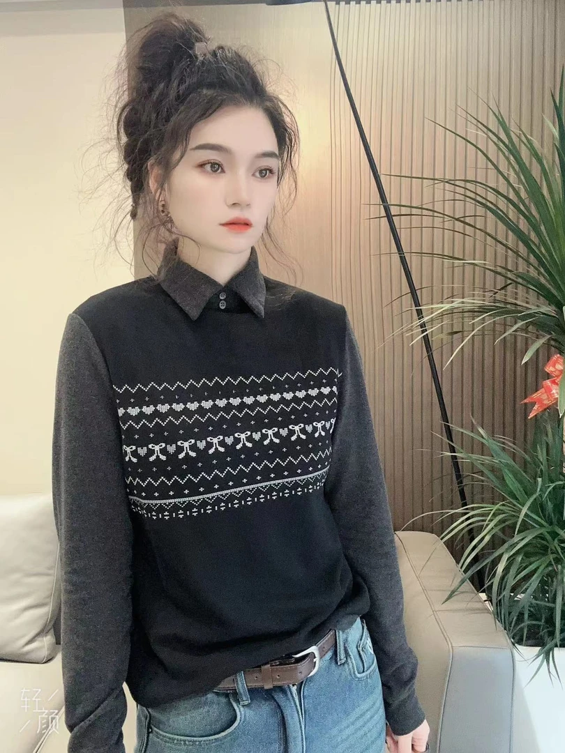 新款个性设计感翻领百搭洋气女款长袖上衣5082