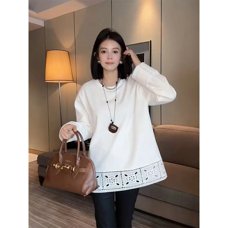 欧洲站2025秋季新款镂空设计感长袖T恤女宽松百搭减龄圆领上衣潮