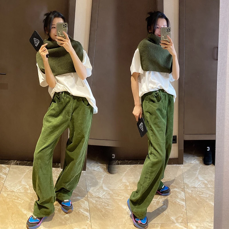 欧洲站纯色高腰灯芯绒直筒休闲裤2025秋冬新款宽松显瘦洋气阔腿裤