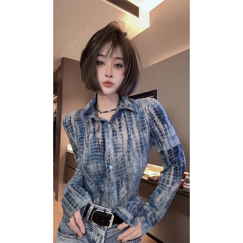 韩版2025夏季新款时尚晕染翻领衬衫女宽松显瘦高级感套头植绒上衣