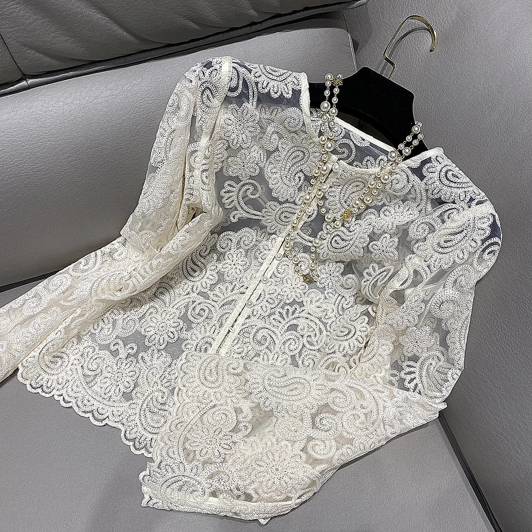 2024新款蕾丝显瘦气质长袖网红时尚复古法式显瘦衬衫外套