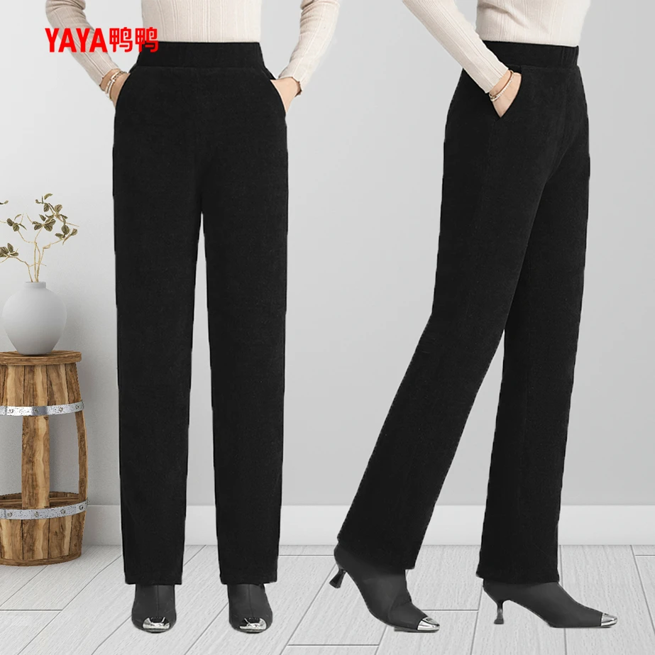 YAYA/鸭鸭羽绒裤女长裤黑色百搭修身高腰直筒保暖裤子YE3E632665U