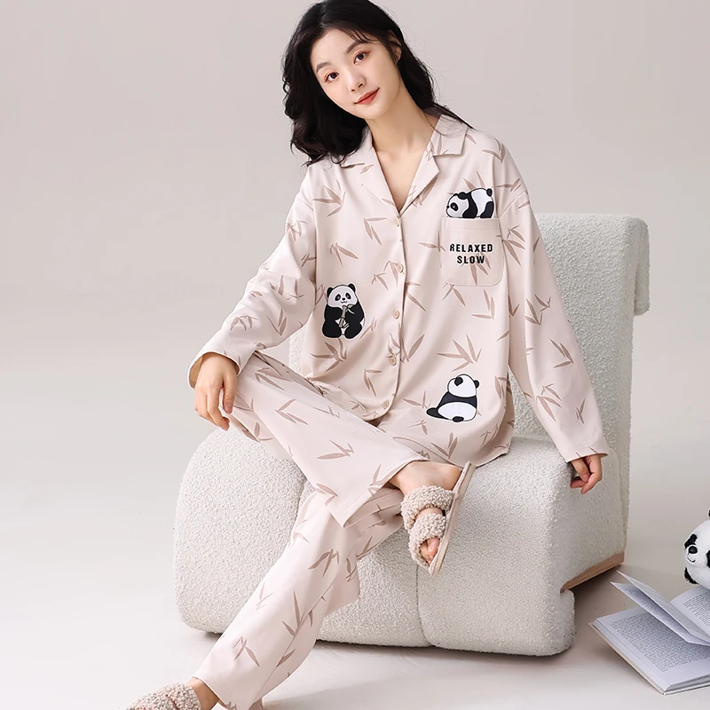 纯棉花睡衣女士30-40岁女人春秋季休闲全棉宽松长袖简约家居服