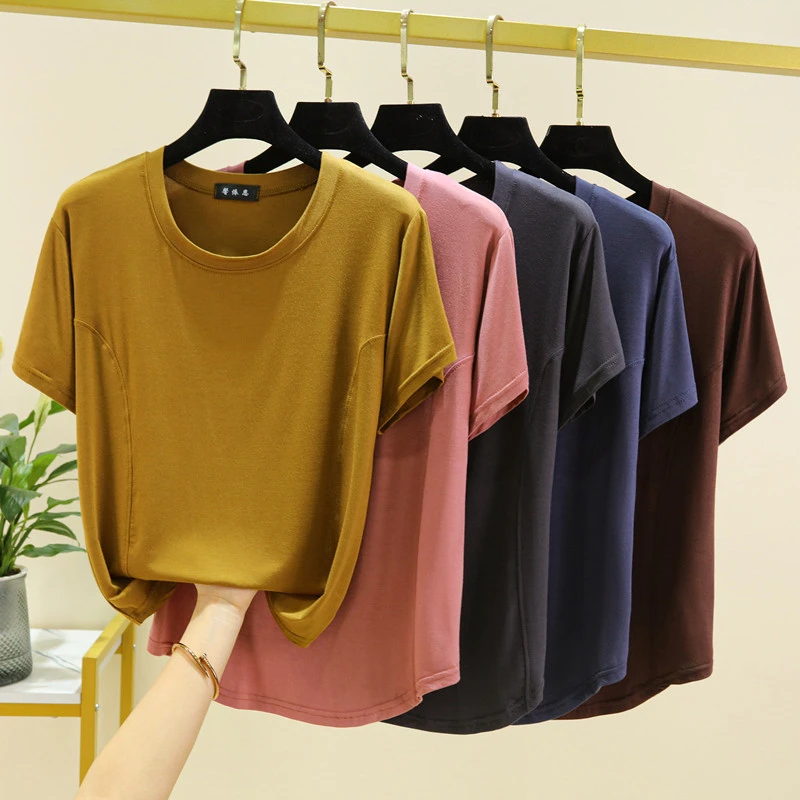 莫代尔短袖T恤女夏薄款拼接百搭上衣宽松圆领内搭洋气休闲打底衫