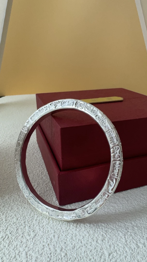 足银手镯 方条吉言手镯 纯银手工打造复古纯手工镯子