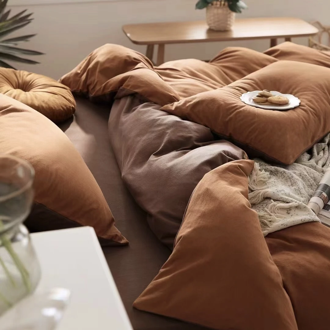 雨爸针织棉双拼四件套 焦糖拿铁/摩卡双拼