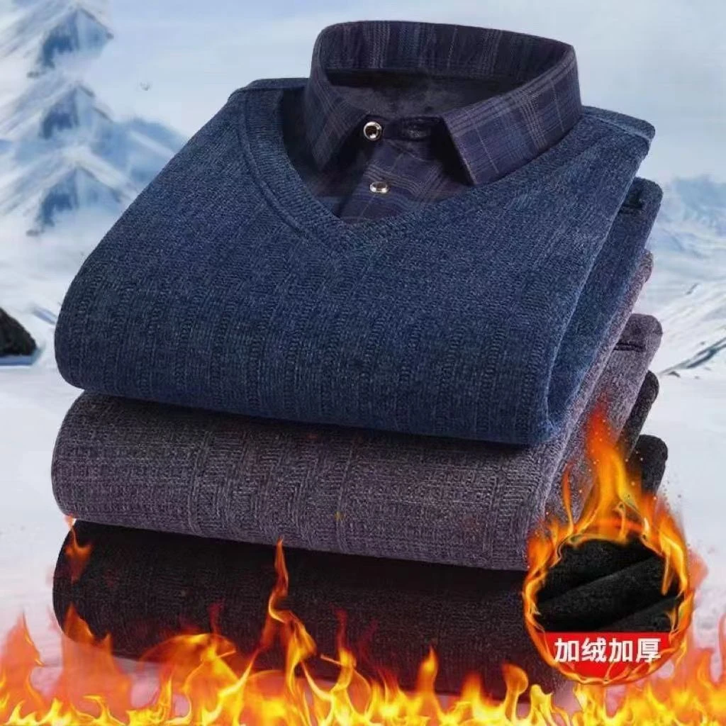 中老年爸爸装冬款加绒毛衣男2024新款雪尼尔针织打底衫保暖毛衣