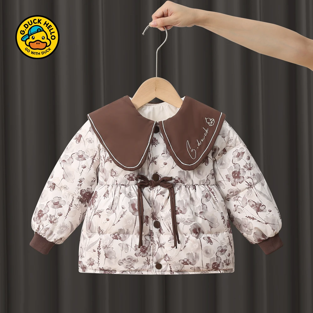 小黄鸭儿童羽绒服女宝刺绣内胆中小童秋冬保暖洋气婴幼儿翻领外套