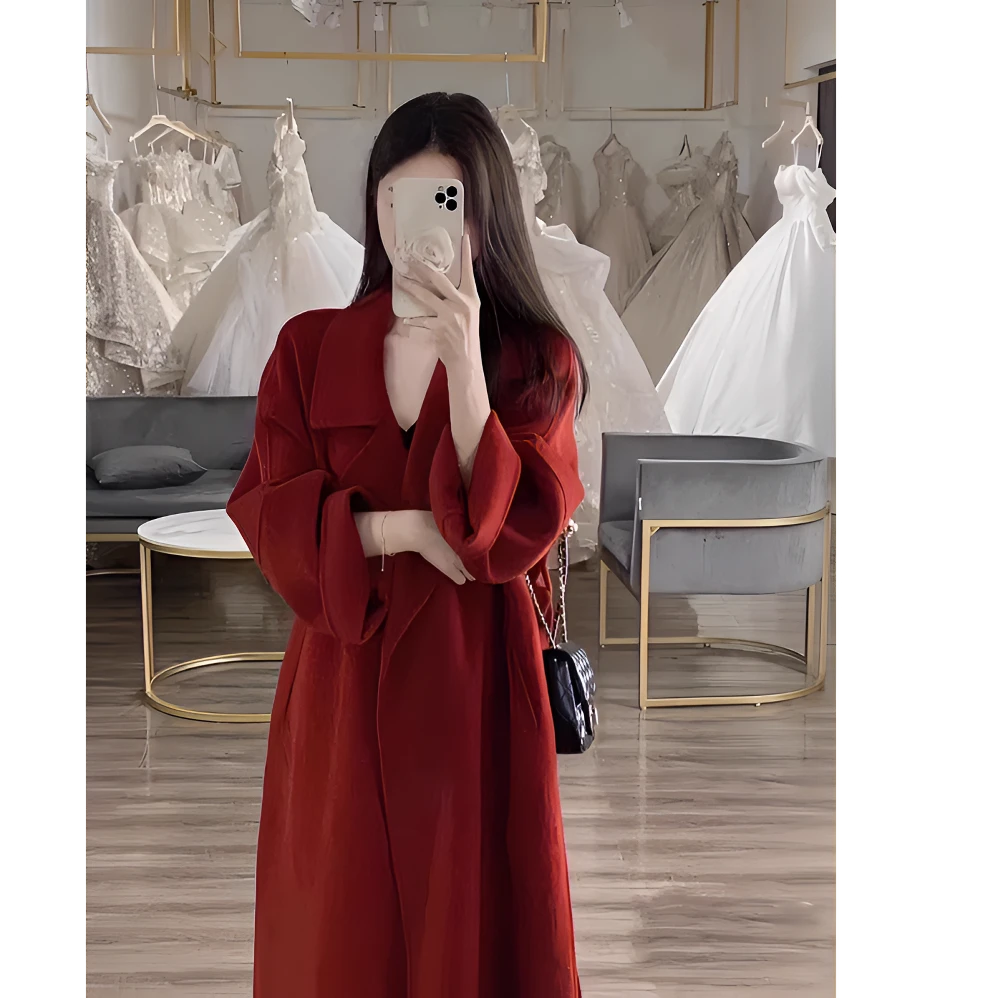 红色双面毛呢大衣女冬季2024新款高级感气质中长款小个子毛呢外套