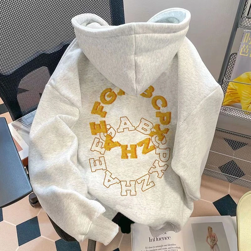 保暖纯棉美式潮牌hiphop加绒白灰色连帽卫衣男女秋冬宽松慵懒上衣