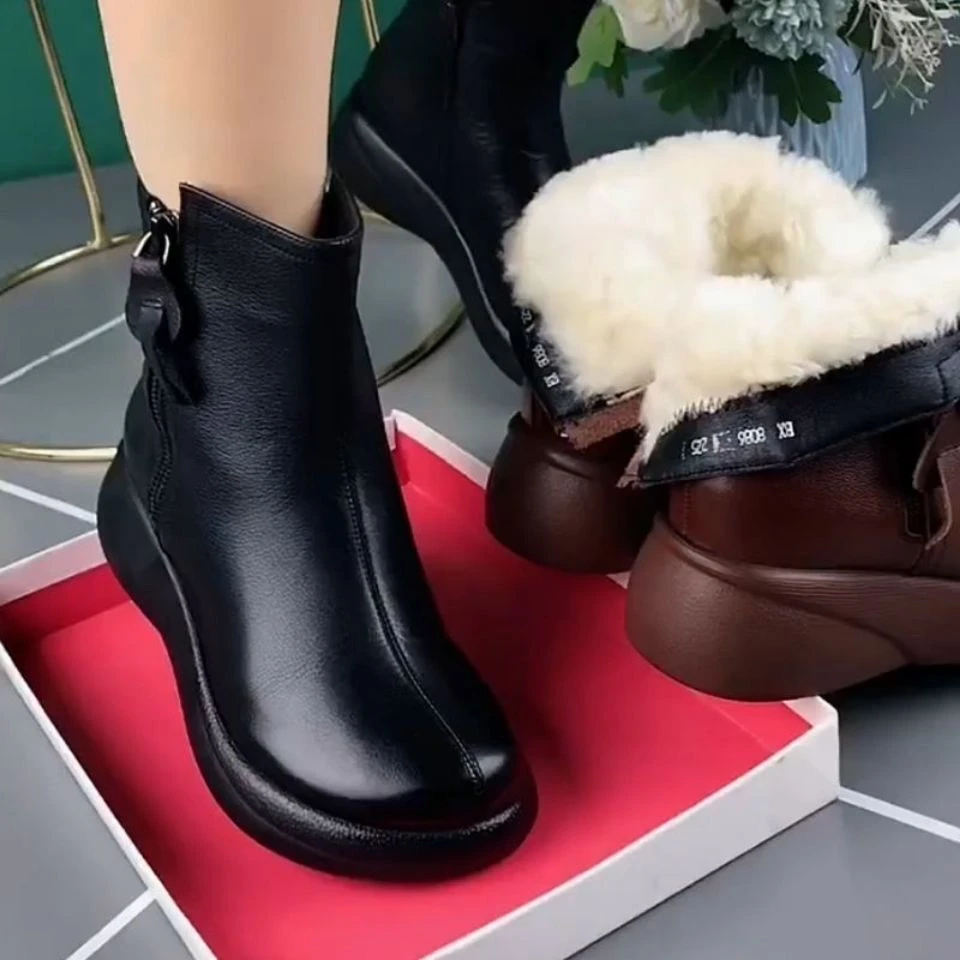 真软皮短靴女2023春秋新款含绒松糕厚底马丁靴妈妈鞋加厚棉靴女靴