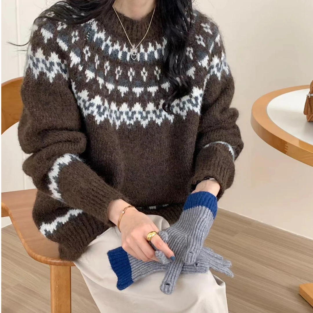 费尔岛拼色条纹毛衣女秋冬新款加厚法式复古圆领百搭针织套头上衣