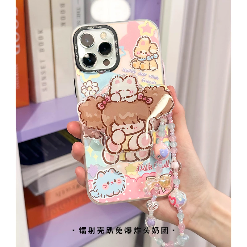 三川志原创磁吸镭射壳趴兔爆炸头奶团少女高级感手机壳